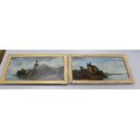 English School c.1900, pair of oils on canvas, German river landscapes, signature erased, 30 x 60cm