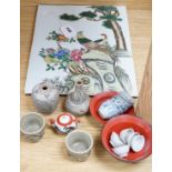 A Chinese porcelain plaque, 36 x 27.5cm, two Thai small vases and cups, porcelain tea bowls,