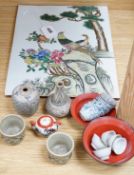 A Chinese porcelain plaque, 36 x 27.5cm, two Thai small vases and cups, porcelain tea bowls,