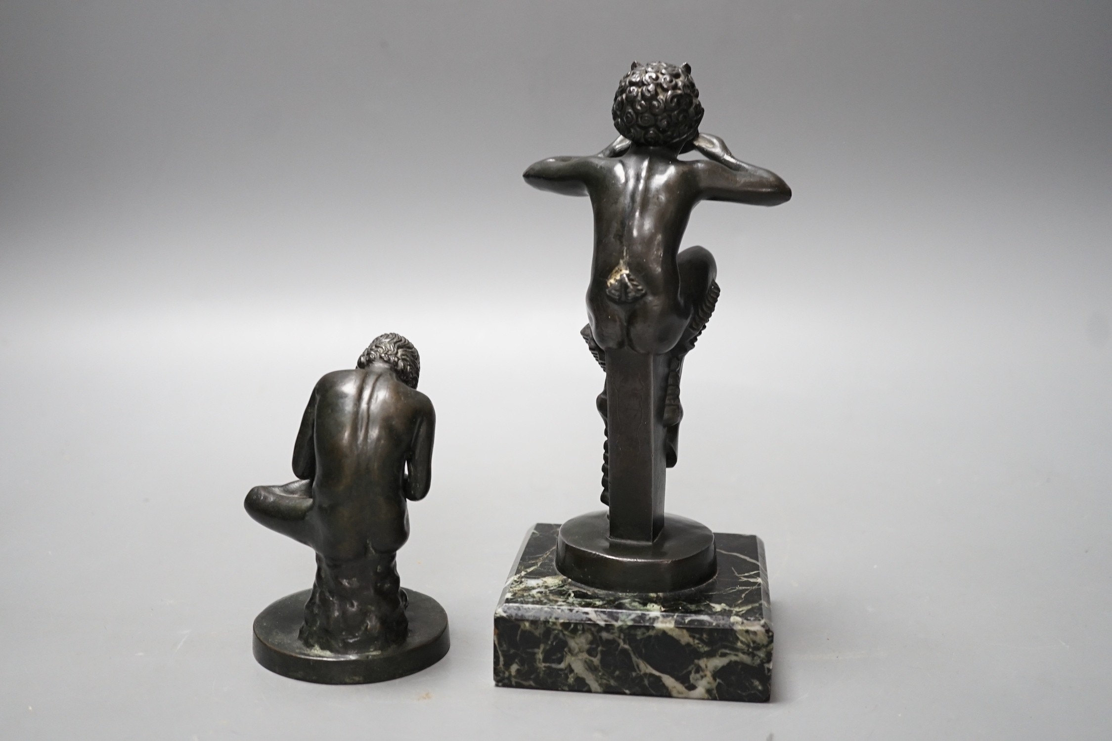 An early 20th century bronze figure of Pan on serpentine base and another of Spinario. Tallest 19cm - Image 3 of 3