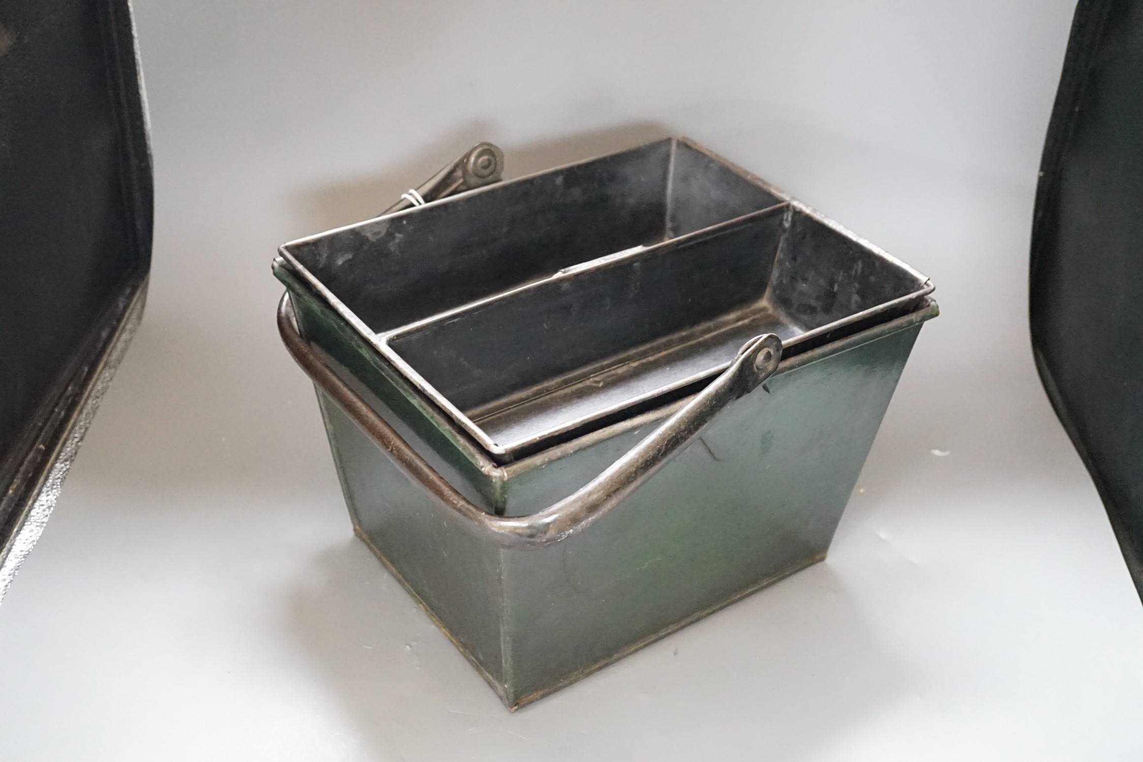A green painted metal housekeeper's box and tray, 30cms wide x 22cms high - Image 2 of 2