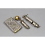 A Masonic gilt metal folding crucifix, Masonic vesta case, Police whistle, and dice case
