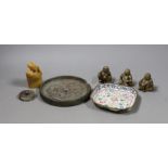 A group of assorted Chinese items to include jade bi disc, a Canton enamel dish, a bronze mirror,