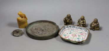 A group of assorted Chinese items to include jade bi disc, a Canton enamel dish, a bronze mirror,