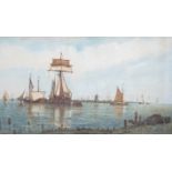 A. Seebach, watercolour, Shipping at anchor on an estuary, signed, 42 x 71cm