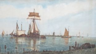A. Seebach, watercolour, Shipping at anchor on an estuary, signed, 42 x 71cm