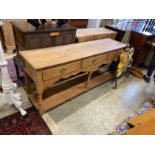 An 18th century style stripped oak potboard low dresser, length 183cm, depth 46cm, height 77cm