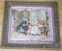 A Continental figure painted porcelain rectangular tray, framed, 35x40cm