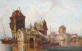 English School c.1900, oil on canvas, Flemish waterside town, 49 x 78cm