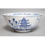 A 19th century Chinese blue and white landscape bowl, 26cm