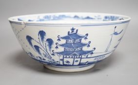A 19th century Chinese blue and white landscape bowl, 26cm