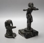 An early 20th century bronze figure of Pan on serpentine base and another of Spinario. Tallest 19cm