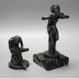 An early 20th century bronze figure of Pan on serpentine base and another of Spinario. Tallest 19cm