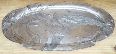 WMF style oval pewter fish dish, monogrammed and dated 1913 to reverse, 57cm long
