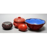 A Chinese cinnabar lacquer bowl, 15cm a similar covered box and egg, and a carved circular box and