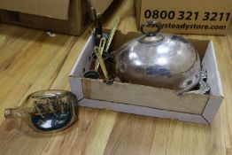 A silver plated meat dome, brass and copper measures, ship in a bottle and mixed collectables