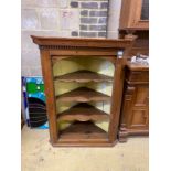 A Victorian pine open fronted hanging corner cupboard, width 99cm, depth 55cm, height 132cm