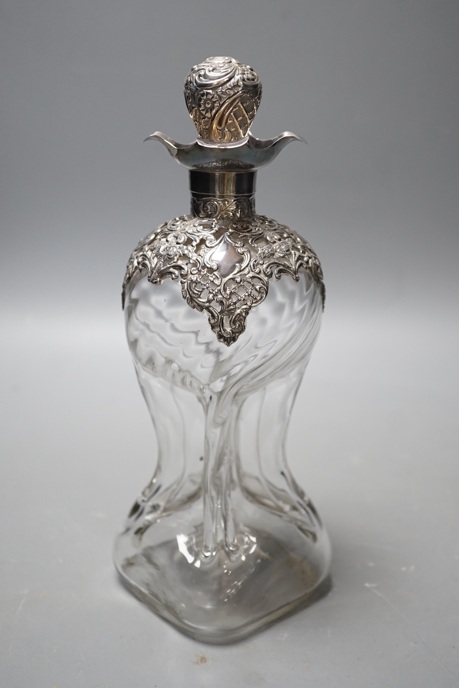 A late Victorian silver mounted waisted glass decanter and stopper, Henry Matthews, Birmingham,