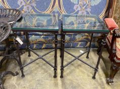 A pair of contemporary Oka square glass top occasional tables, 40cm, height 61cm