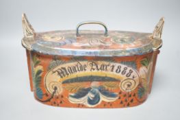 A 19th-century Norwegian painted Birchwood marriage casket dated 1888, 30cm