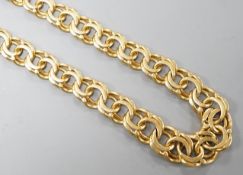 A yellow metal graduated interwoven circular link necklace, 53cm, 42.1 grams.