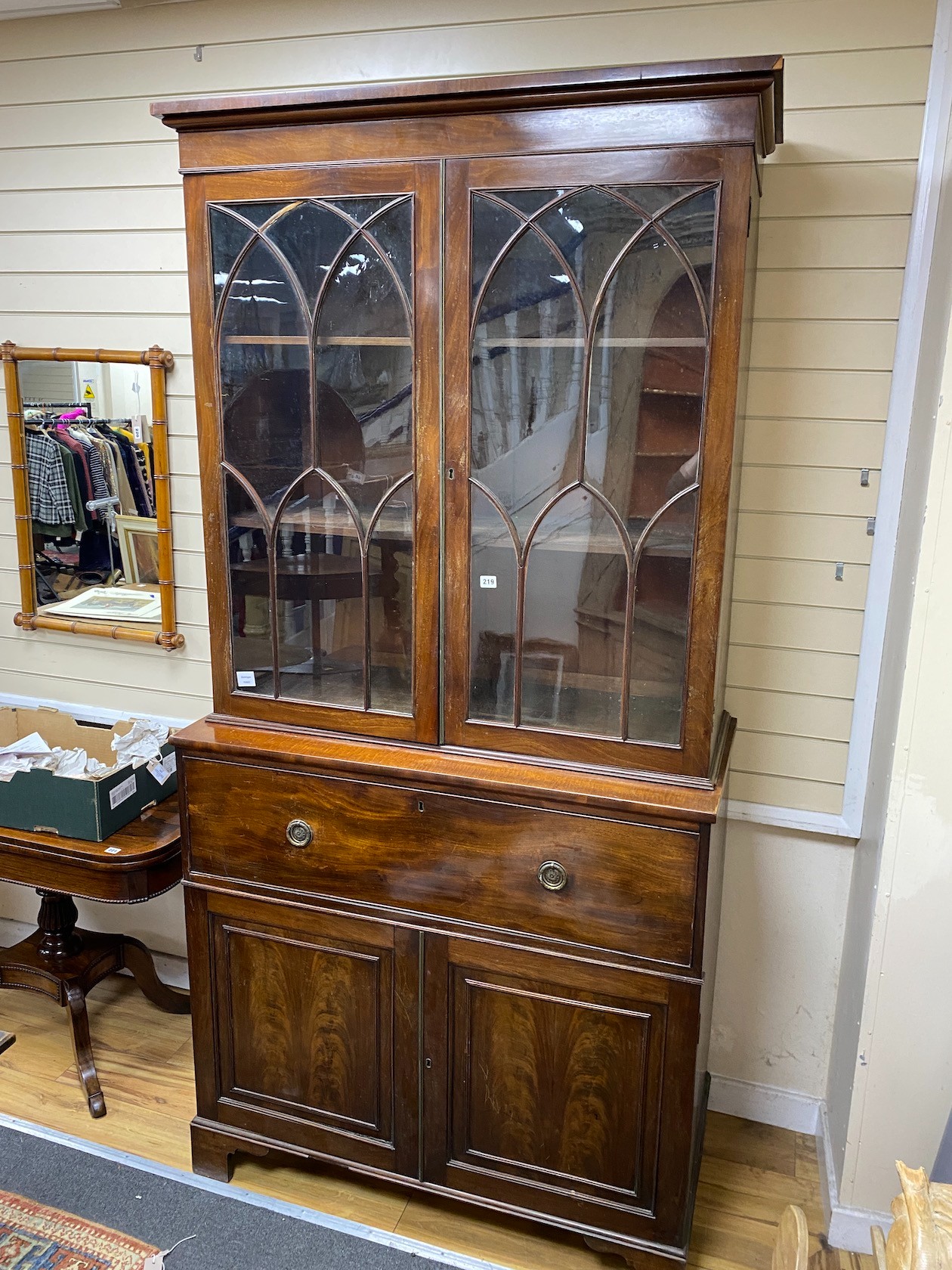 A Regency mahogany secretaire bookcase, length 112cm, depth 55cm, height 229cm