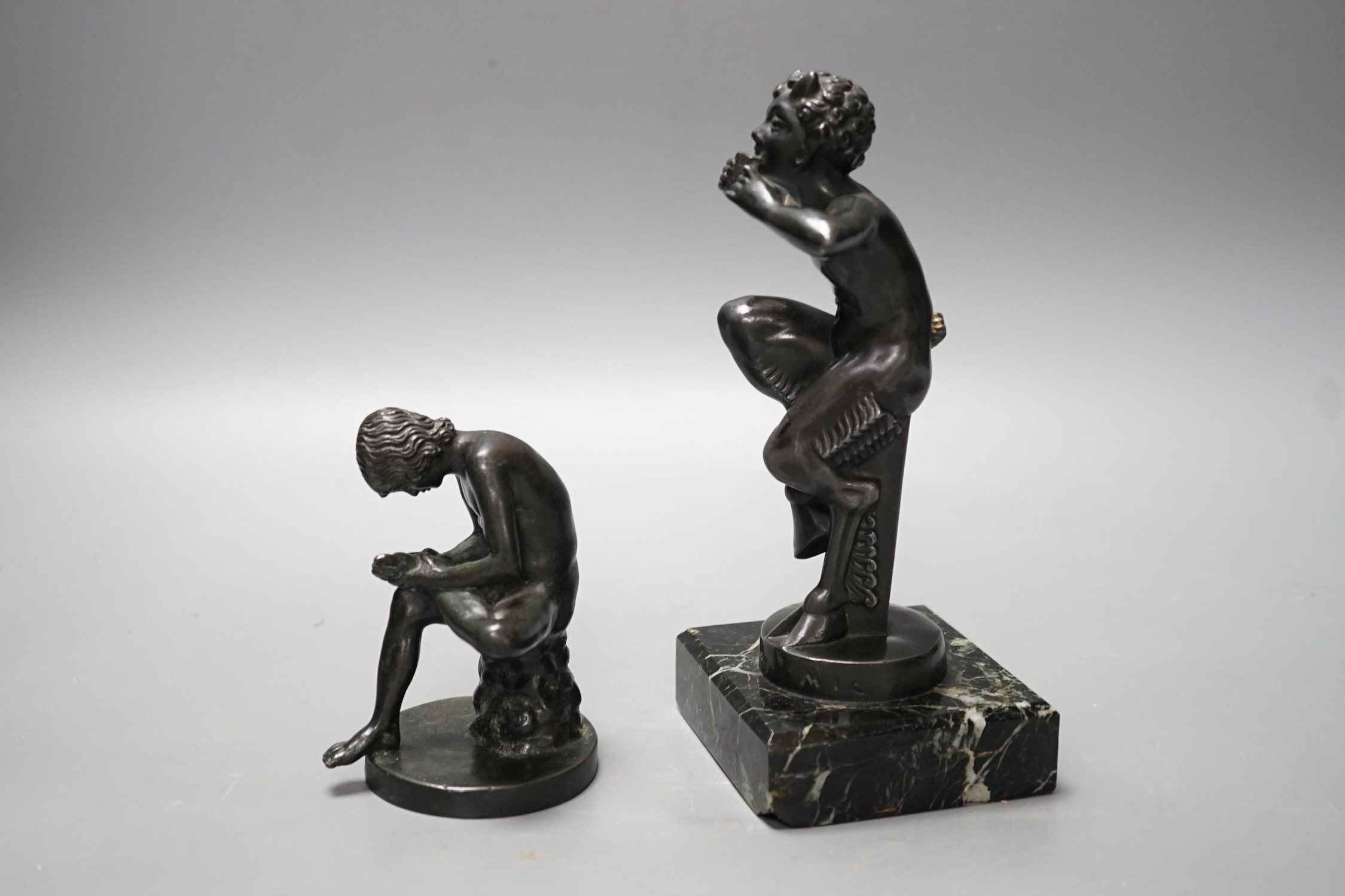 An early 20th century bronze figure of Pan on serpentine base and another of Spinario. Tallest 19cm - Image 2 of 3