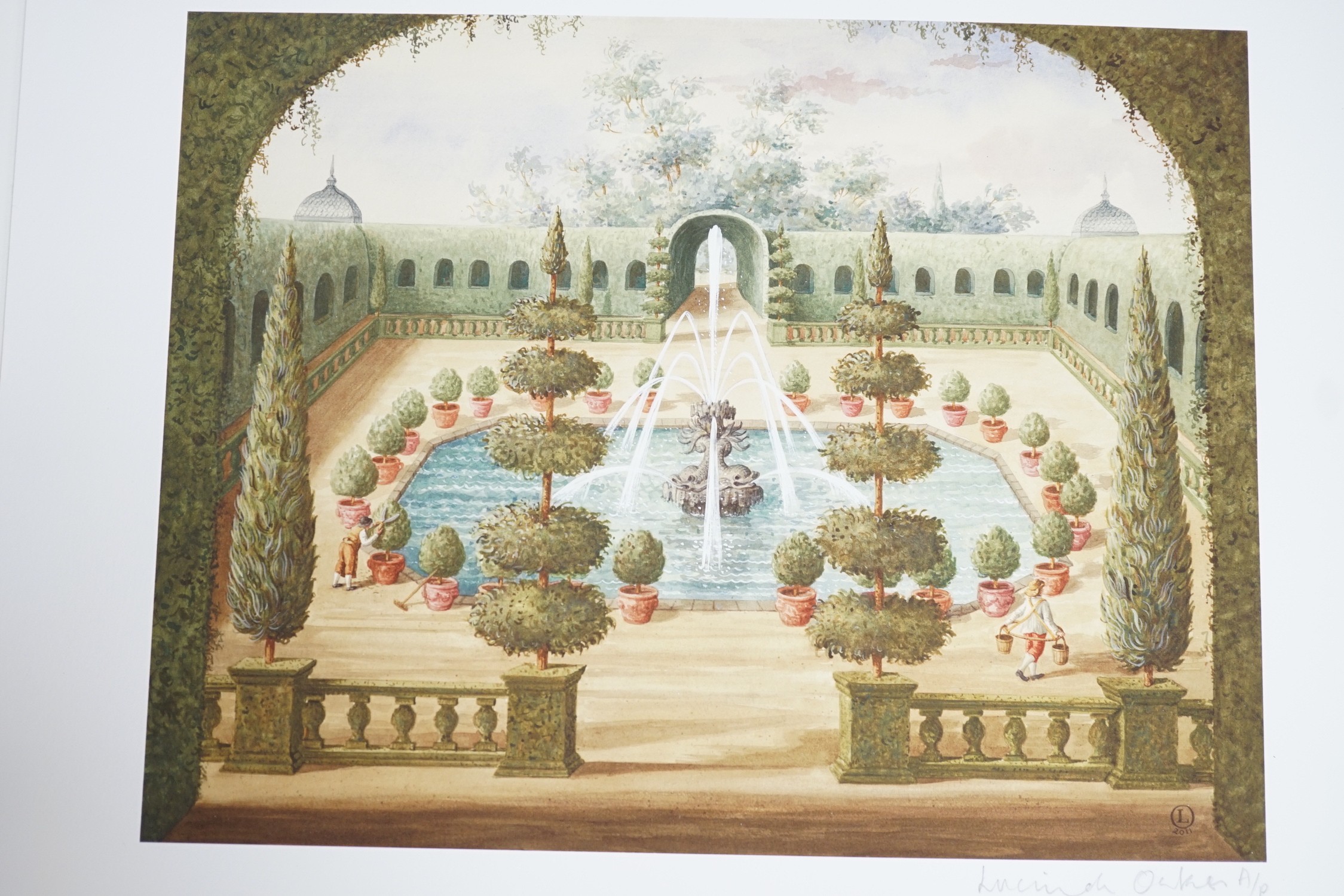 Lucinda Oakes, eight offset lithographs with hand-tinting, 18th century gardens with fountains, four - Image 2 of 3