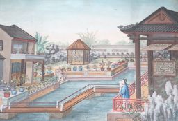 19th century Chinese School, pair of watercolours with gouache, depicting Ladies within Pavilion