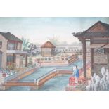 19th century Chinese School, pair of watercolours with gouache, depicting Ladies within Pavilion
