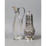 A continental white metal baluster caster ( top and base associated), 14.2cm and a 1920's silver