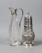 A continental white metal baluster caster ( top and base associated), 14.2cm and a 1920's silver