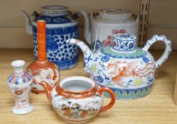 Two pieces of Japanese Kutani, a small Imari vase and three Chinese tea pots