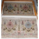 Two 19th century embroidered Turkish towel ends, one framed, 46cms wide x 30cms high