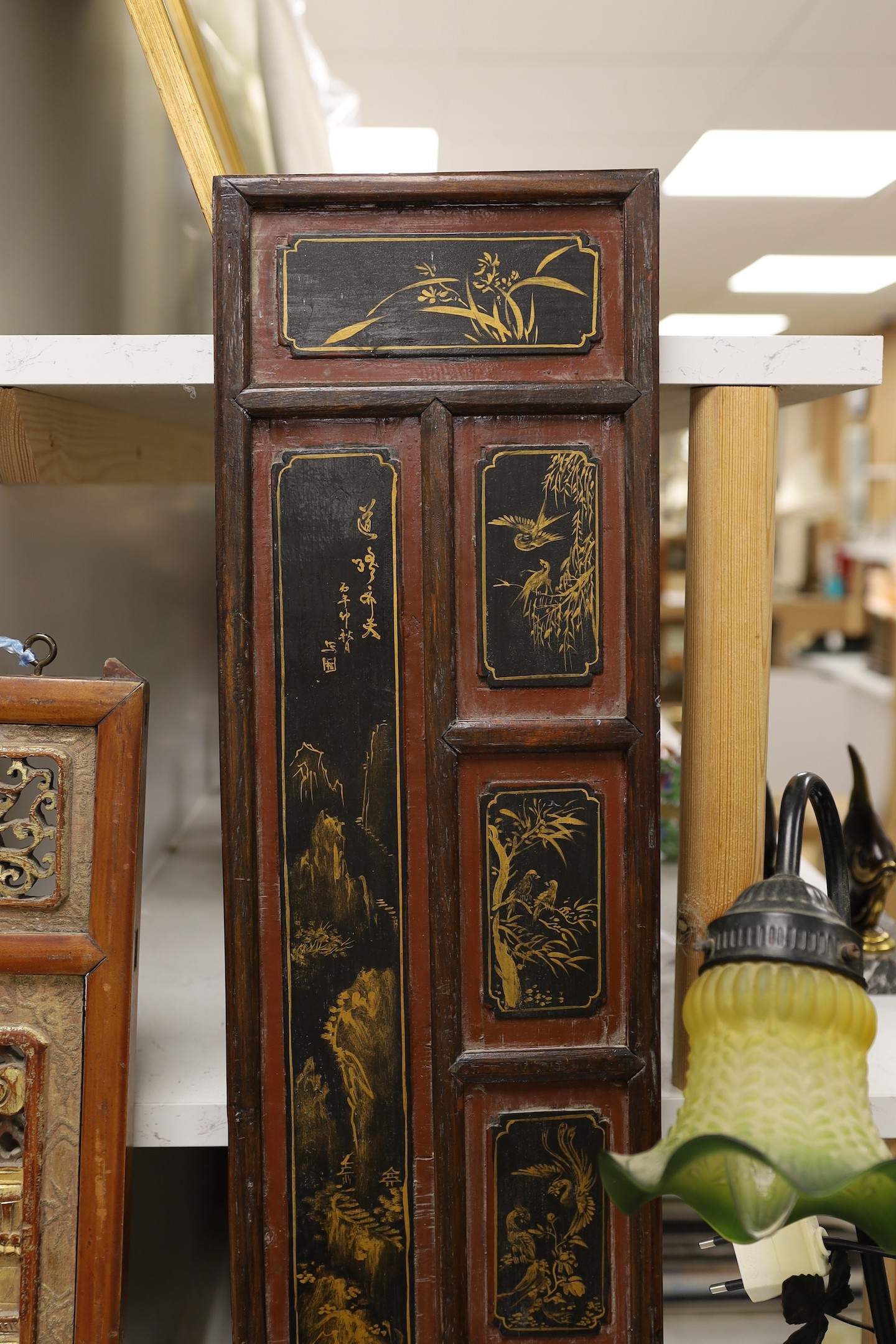 A pair of late 19th century Chinese gilt-decorated lacquer panels and a similar smaller - Image 5 of 6