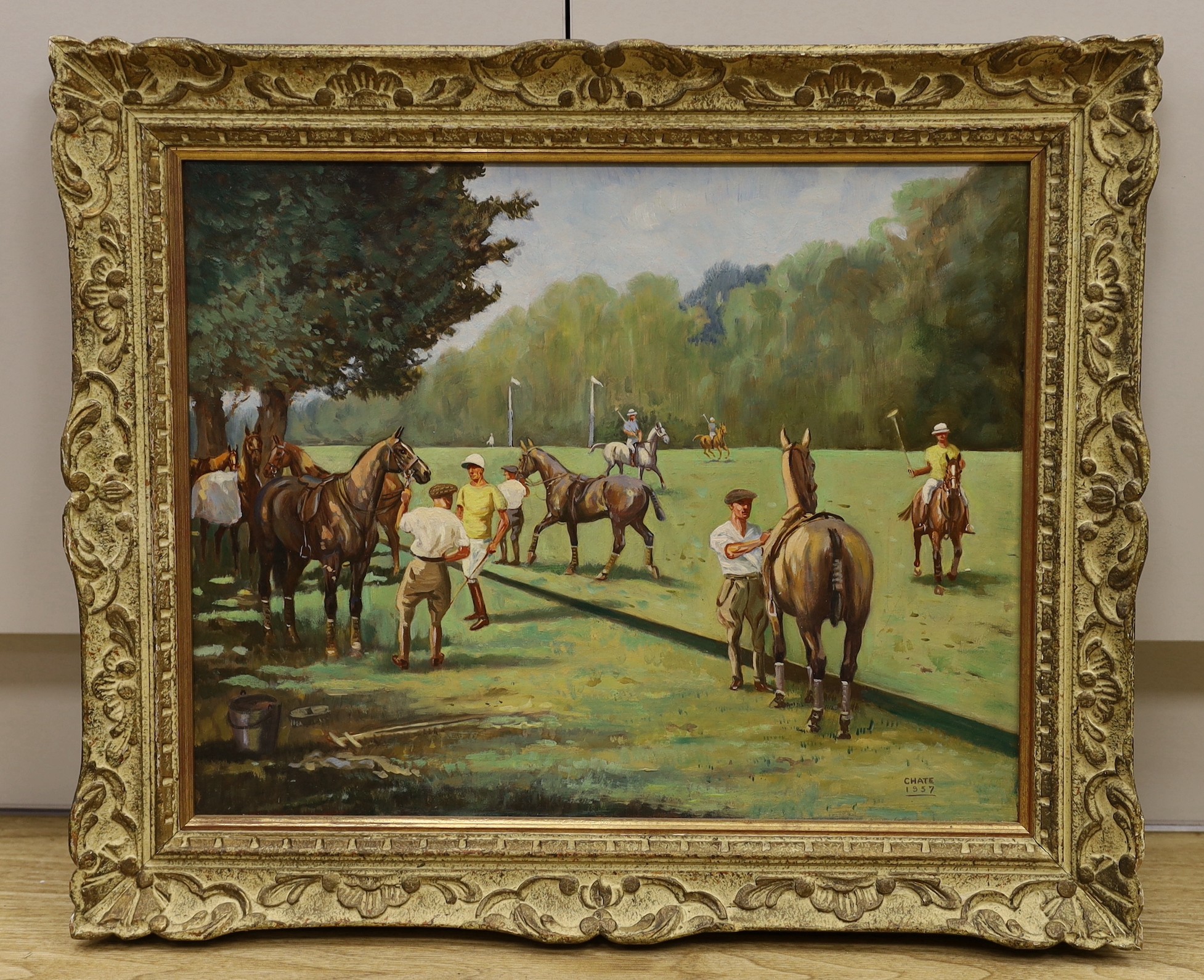 Chate (20th century), oil on board, Polo players before the match, signed and dated 1957, 40 x 50cm - Image 2 of 4