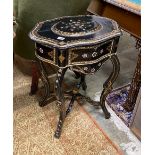 A 19th century French mother of pearl inlaid, parcel gilt ebonized and papier-mâché work table width