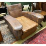 A mid 20th century French brown leather club armchair, width 88cm, depth 82cm, height 69cm