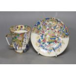 A Russian gilt enamel porcelain tea cup and saucer, cup 8cms high