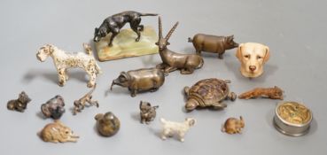 A quantity of animal related collectables including cold painted bronzes, a ‘pig’ tape measure and