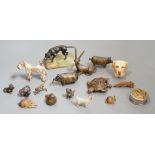 A quantity of animal related collectables including cold painted bronzes, a ‘pig’ tape measure and