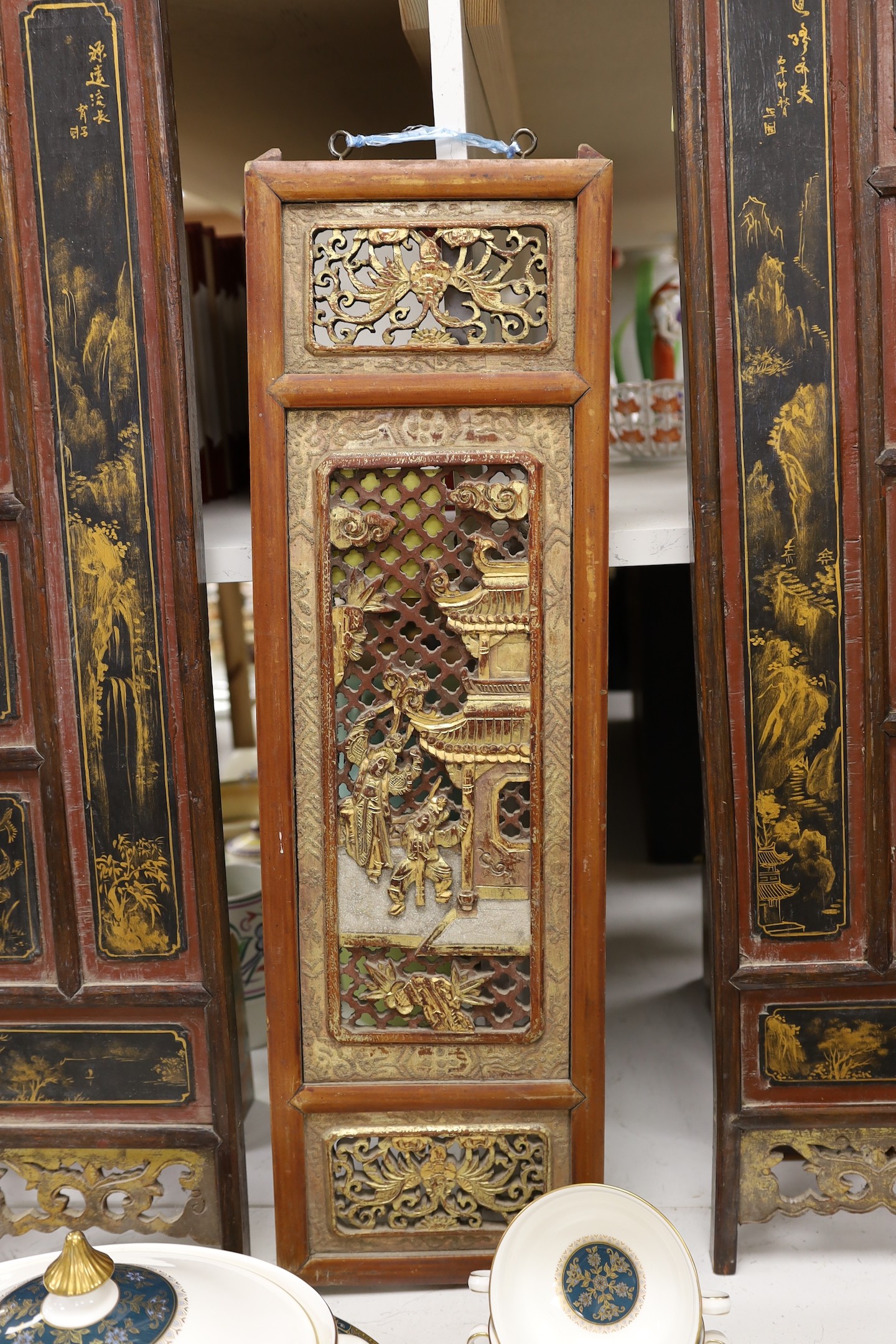 A pair of late 19th century Chinese gilt-decorated lacquer panels and a similar smaller - Image 4 of 6