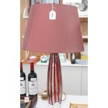 A pair of Murano style red stripe glass table lamps, 76cms high including shades