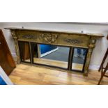 A Regency giltwood and composition triple plate overmantel mirror, width 147cm, height 70cm