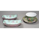 A pair of Chinese Canton enamel boat-shaped dishes, Qianlong; and a Canton enamel bowl and stand (
