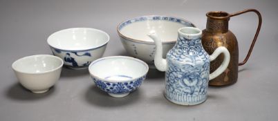 A Chinese Ming dynasty internally decorated porcelain tea bowl, an 18th century blue and white bowl,