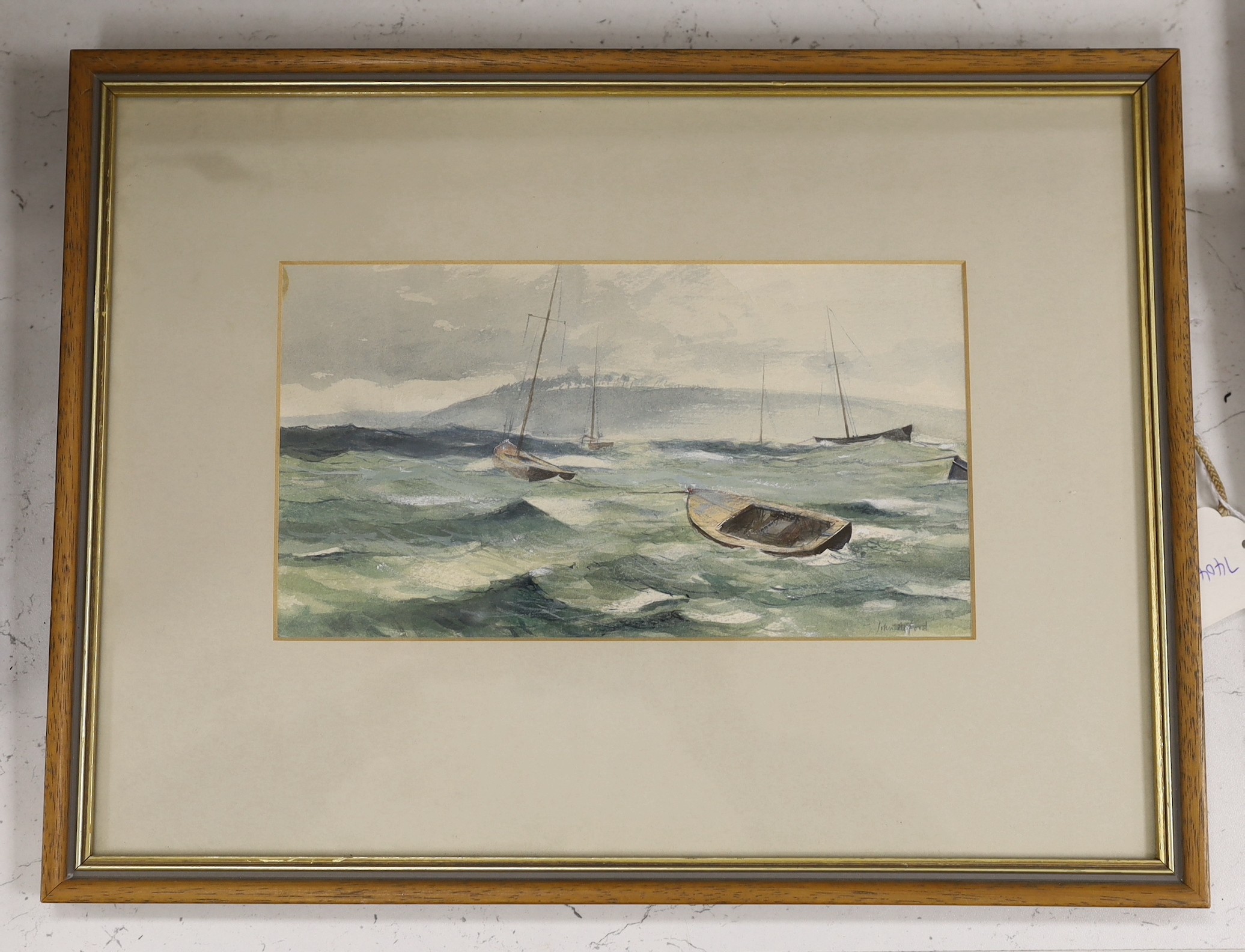 John Alford (b.1929), watercolour, Yacht moored in a rough sea, signed, 13 x 24cm - Image 2 of 3