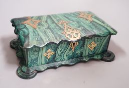 A Victorian papier-mâché-mache faux malachite, brass mounted jewellery box, 21cms wide x 12.5cms