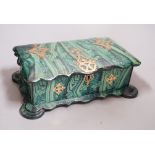 A Victorian papier-mâché-mache faux malachite, brass mounted jewellery box, 21cms wide x 12.5cms