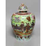 A clobbered Delft vase with a clobbered Chinese porcelain cover, 24cm high